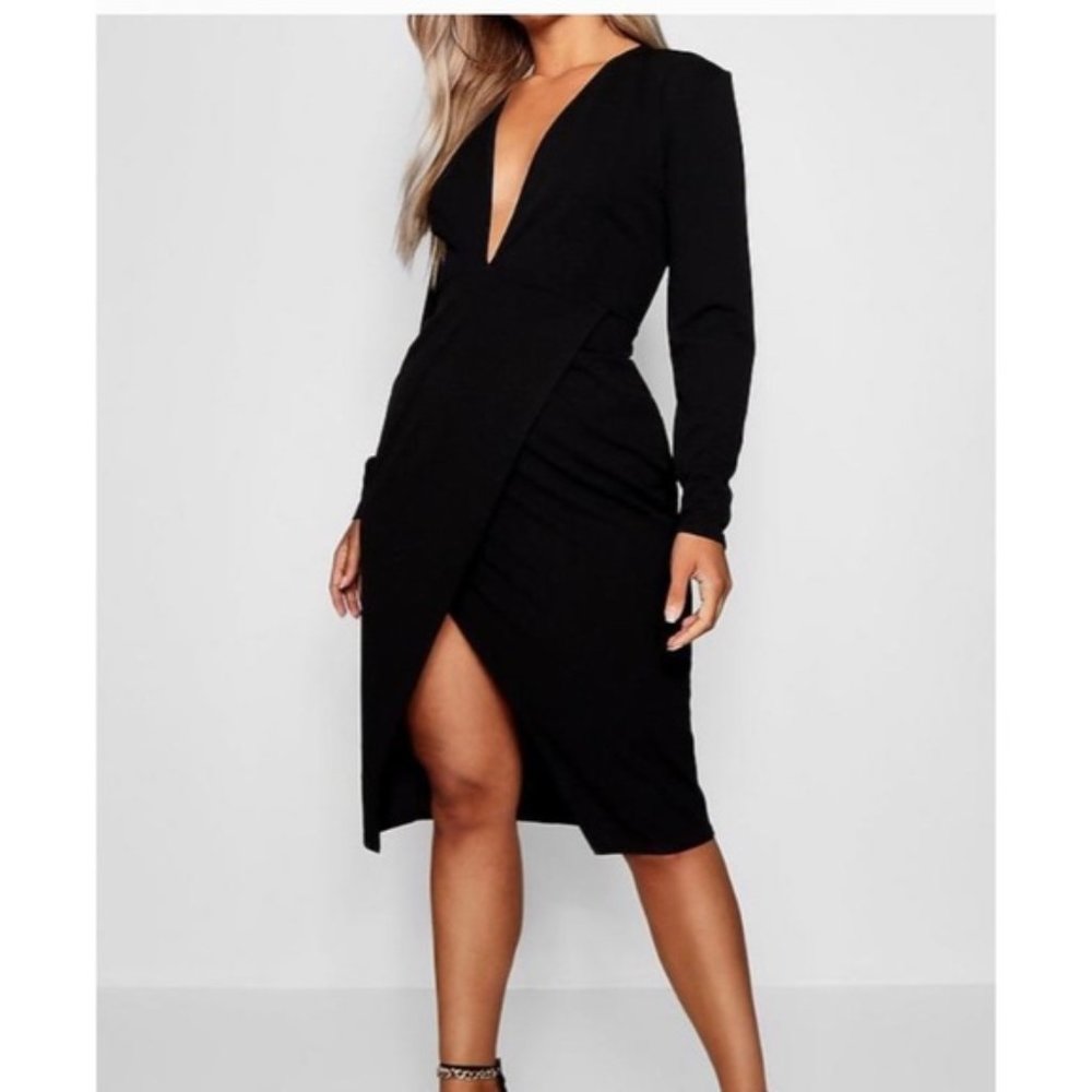 🔥 BOOHOO PLUNGE WRAP MIDI DRESS BLACK CASUAL WORK